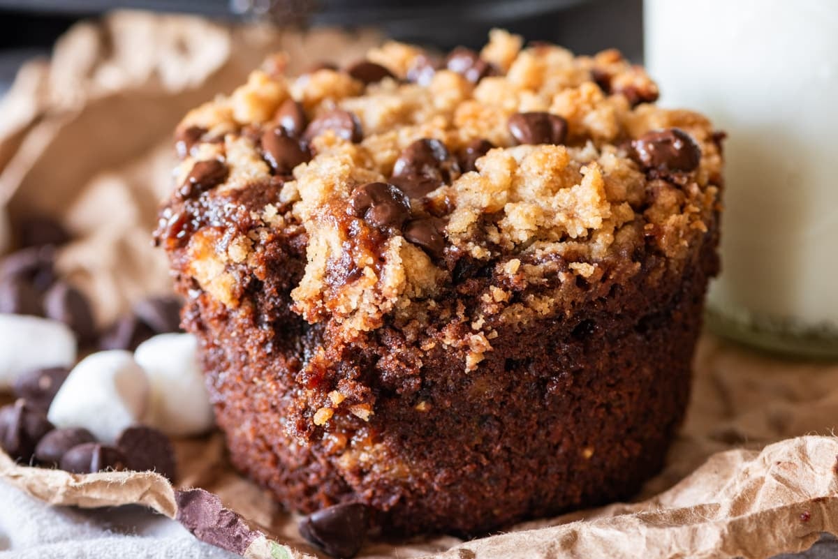 a s'more zucchini muffin on a table