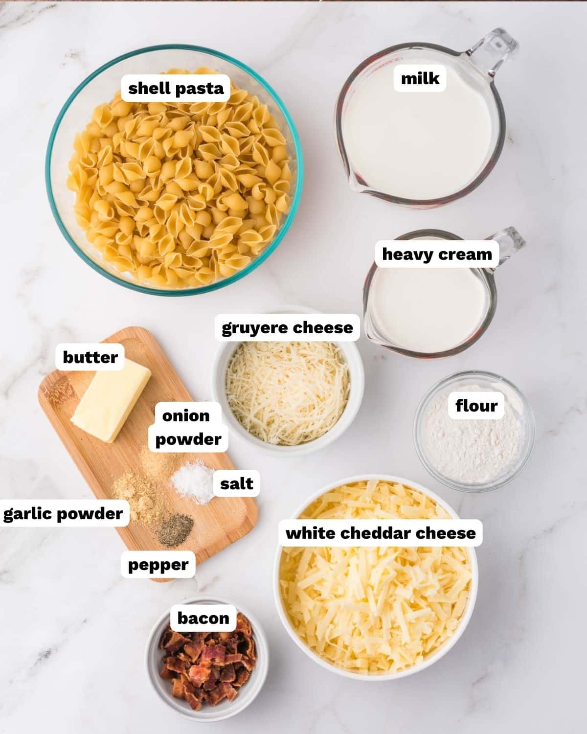 white cheddar mac and cheese ingredients on table