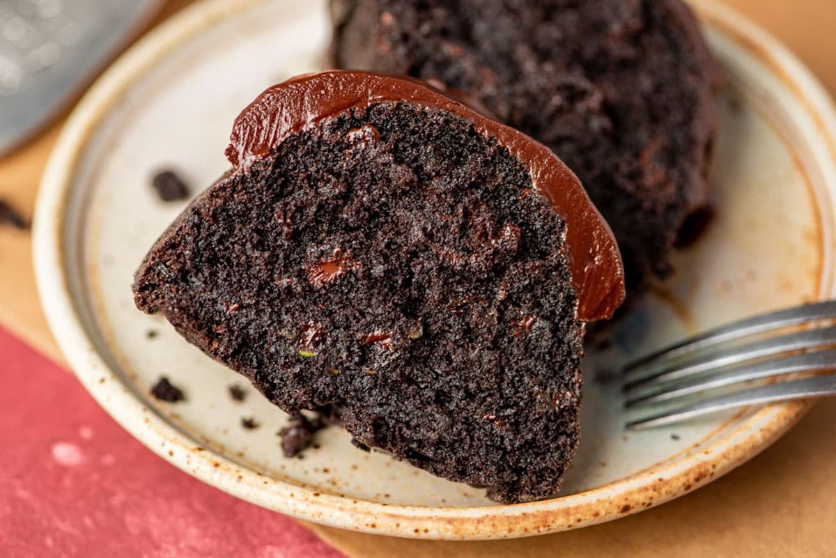 zucchini chocolate chip cake on a plate
