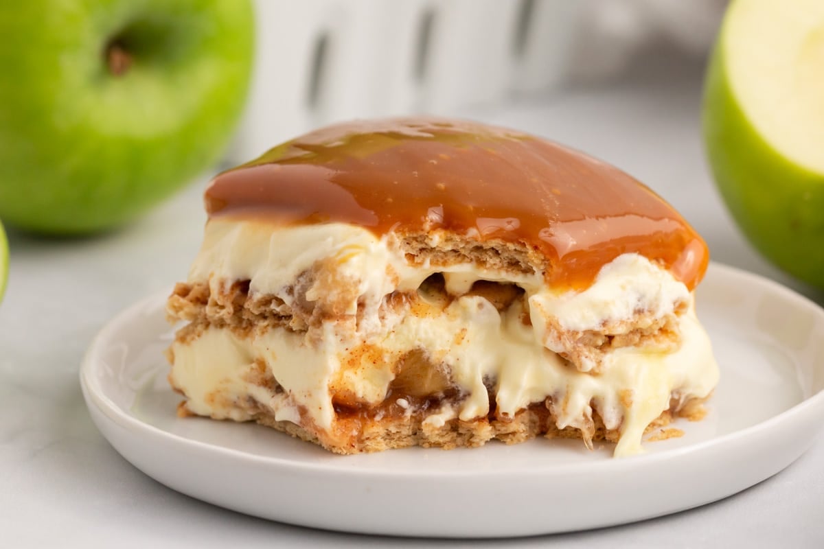 a piece of caramel apple layered dessert on a plate