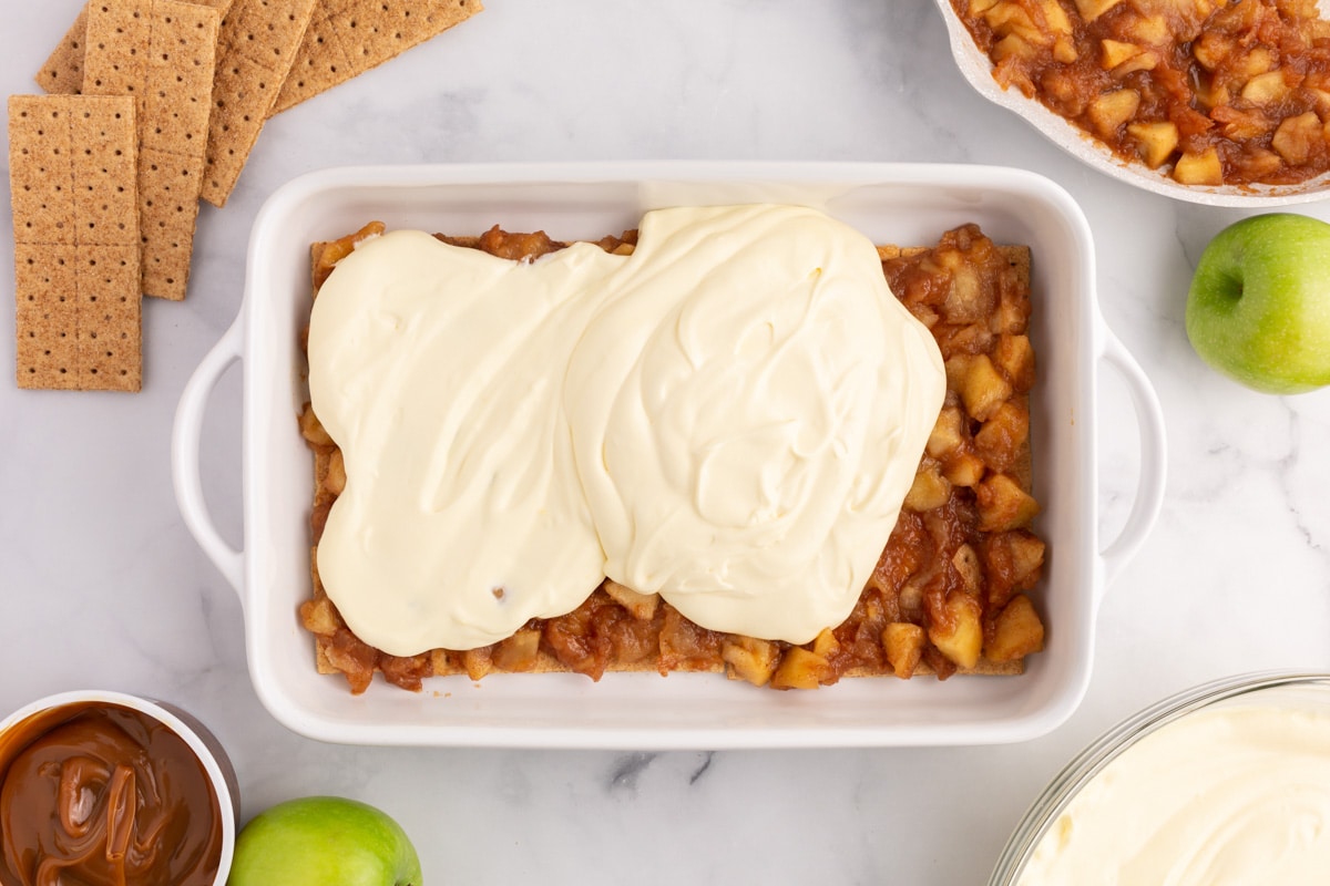 pudding mixture over apples in a pan
