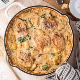 chicken and gnocchi bake in a skillet