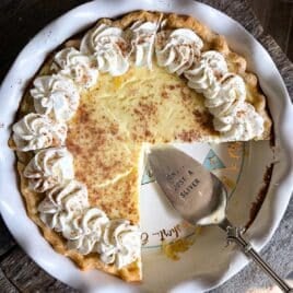overhead view of custard pie in a plate