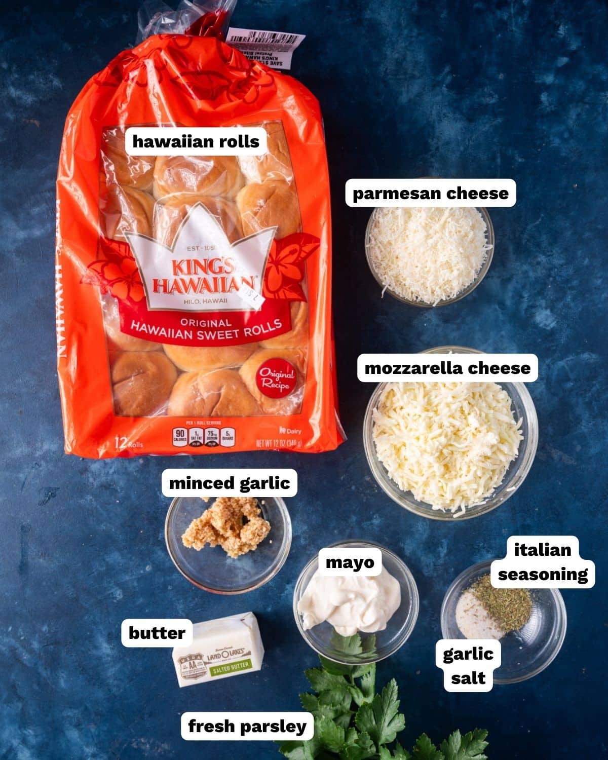 hawaiian roll garlic bread ingredients on a table