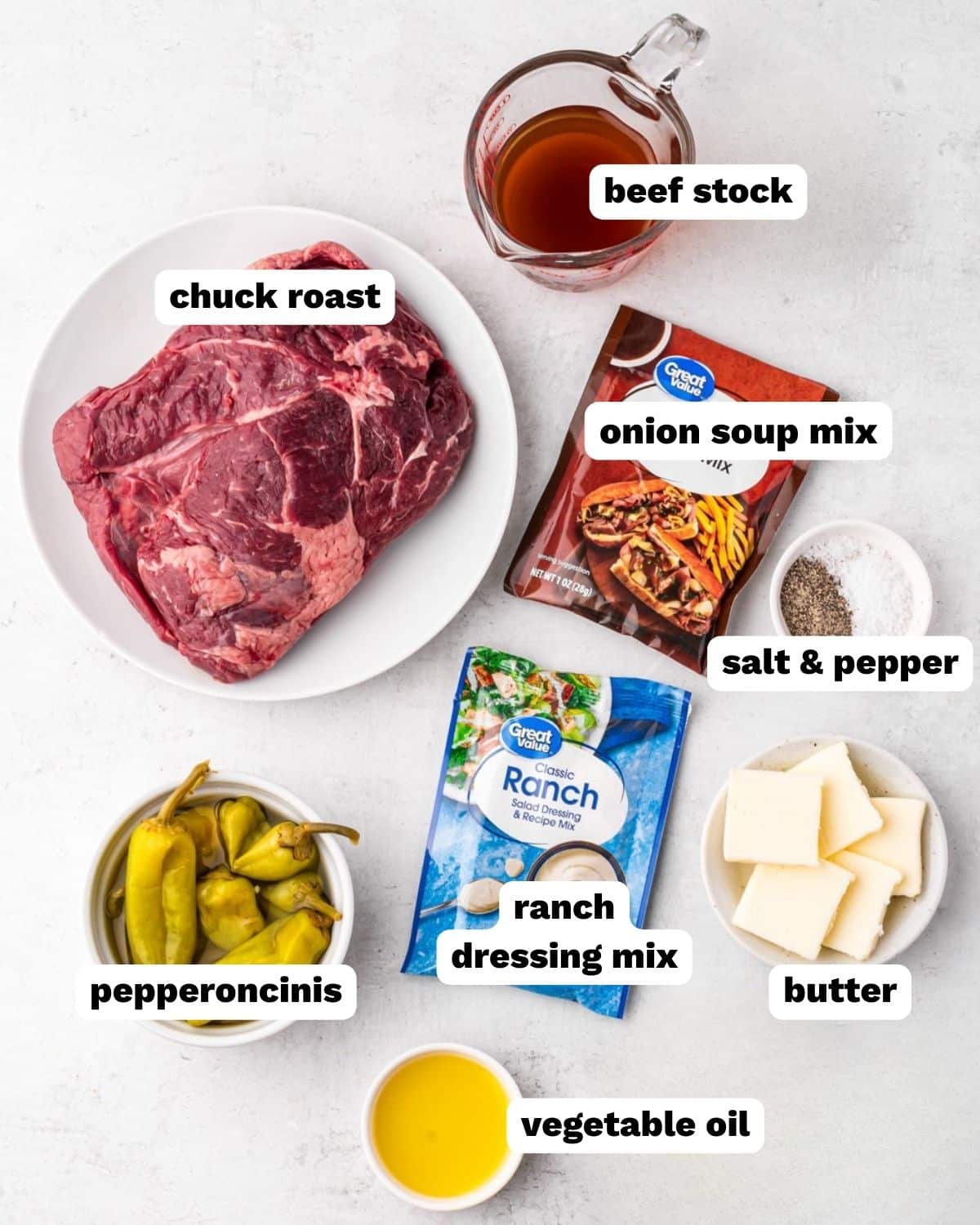 mississippi pot roast ingredients on a table