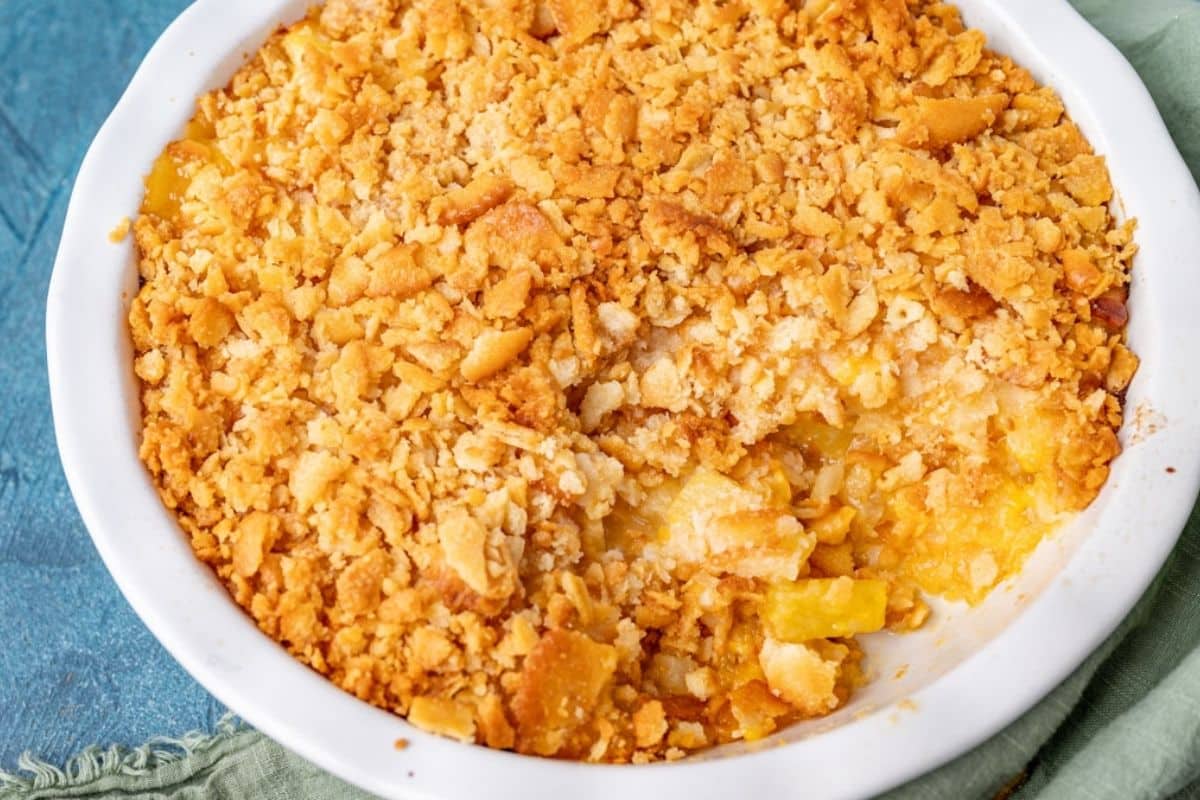 closeup of pineapple casserole in a baking dish