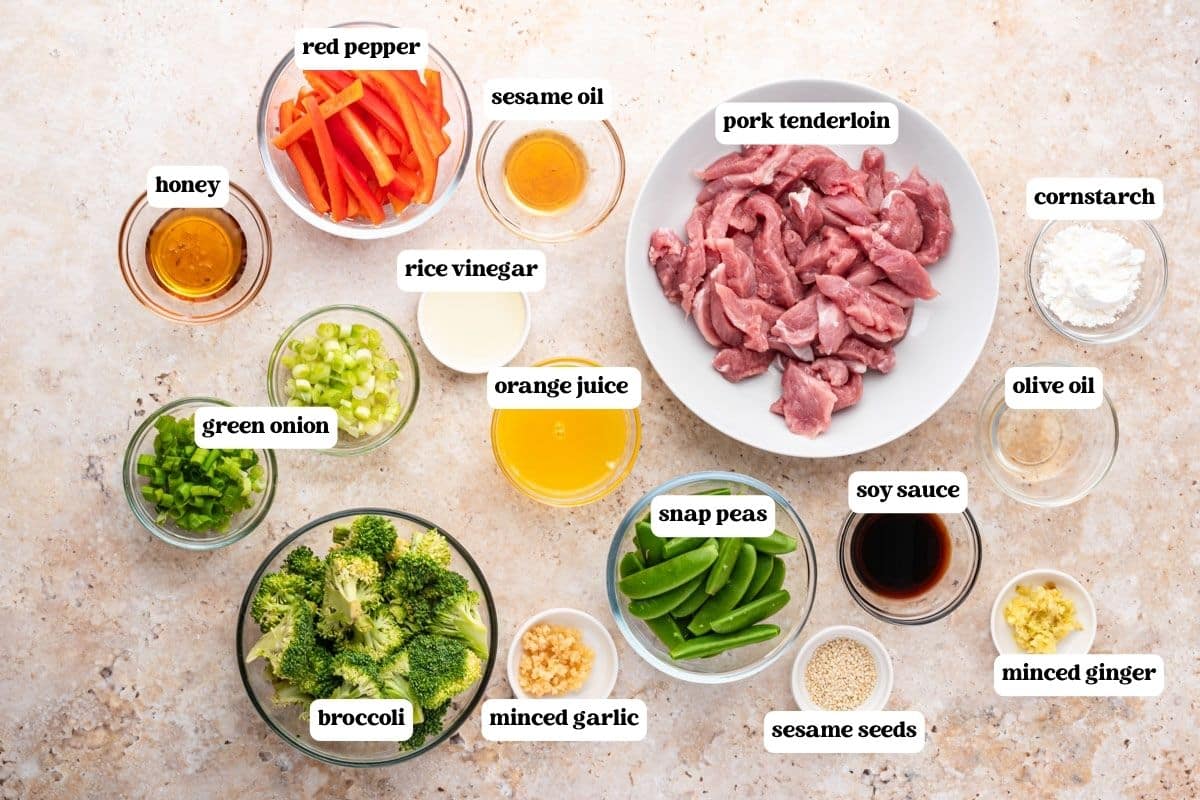 ingredients for pork stir fry on a table