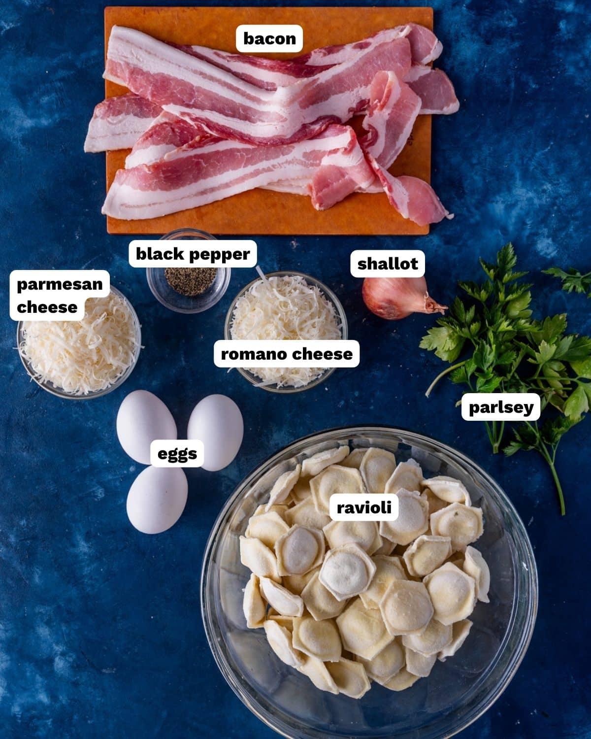ravioli carbonara ingredients on a table