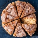 overhead view of sliced apple cinnamon cake