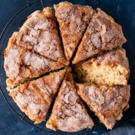 overhead view of sliced apple cinnamon cake