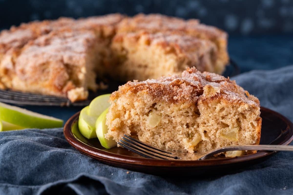 a piece of apple cake on a plate