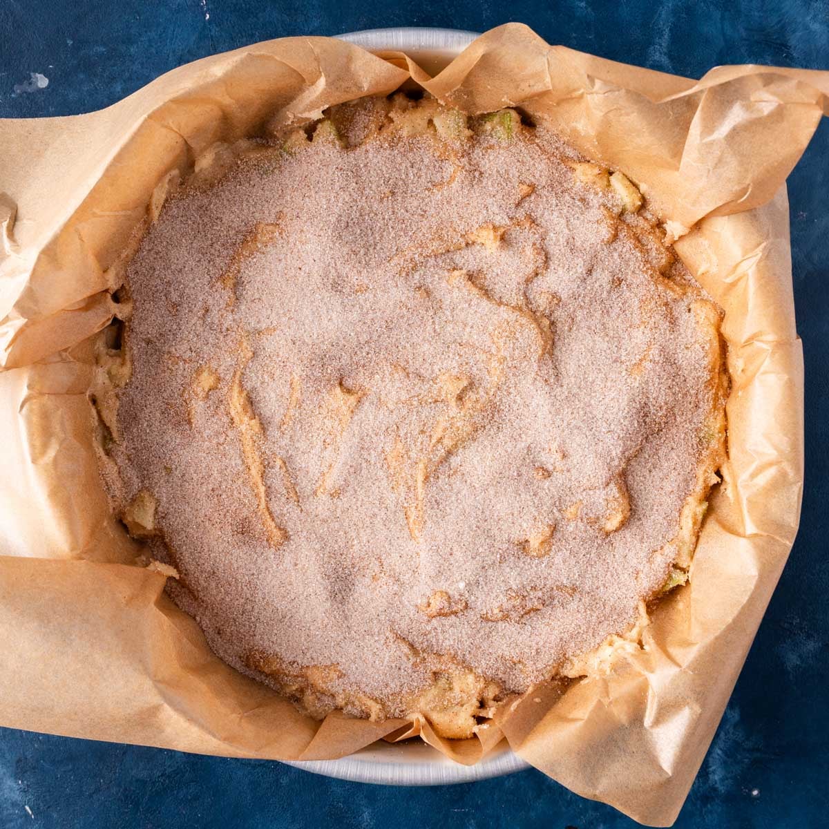 unbaked apple cinnamon cake in a round cake pan