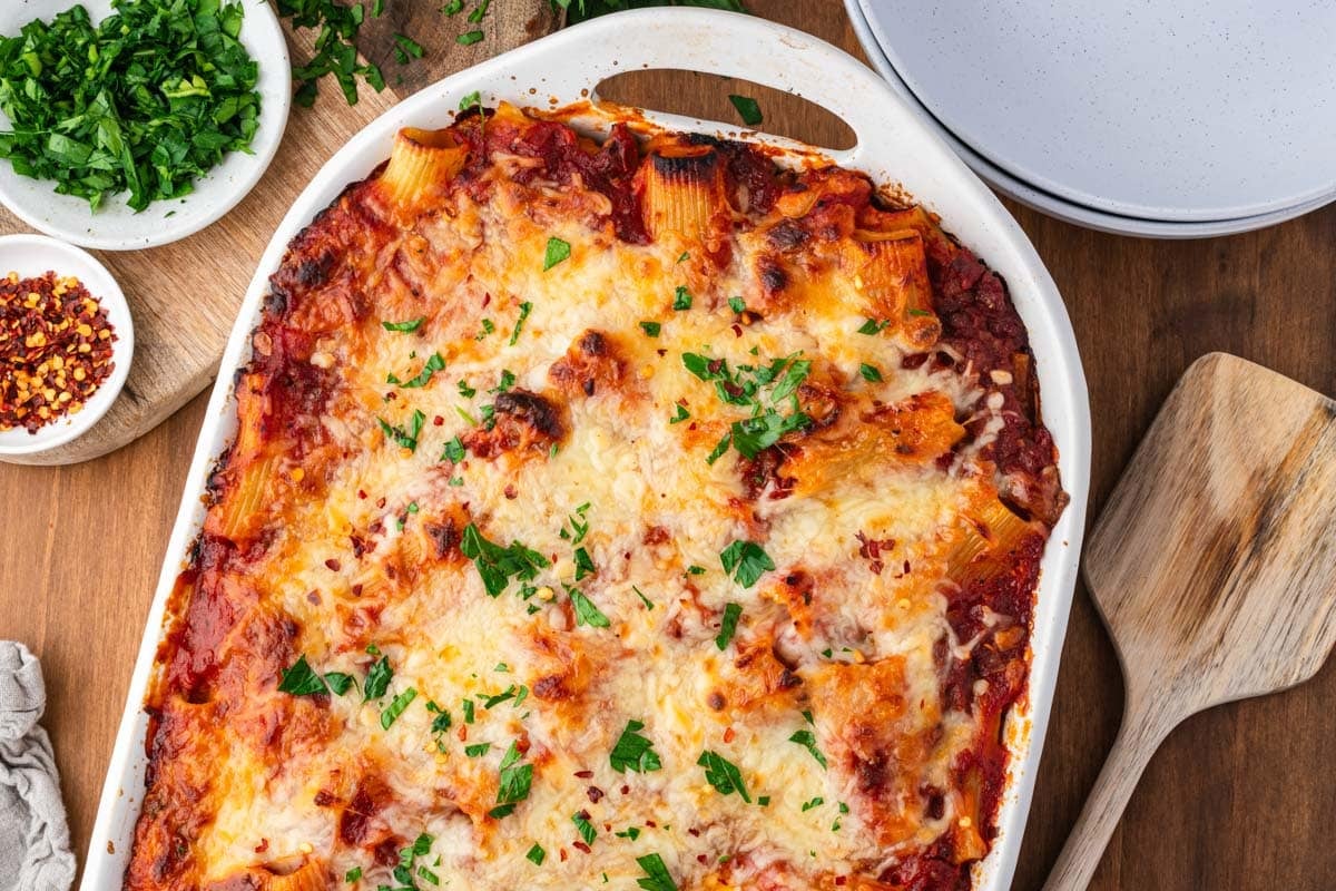 baked rigatoni and sausage casserole on a table