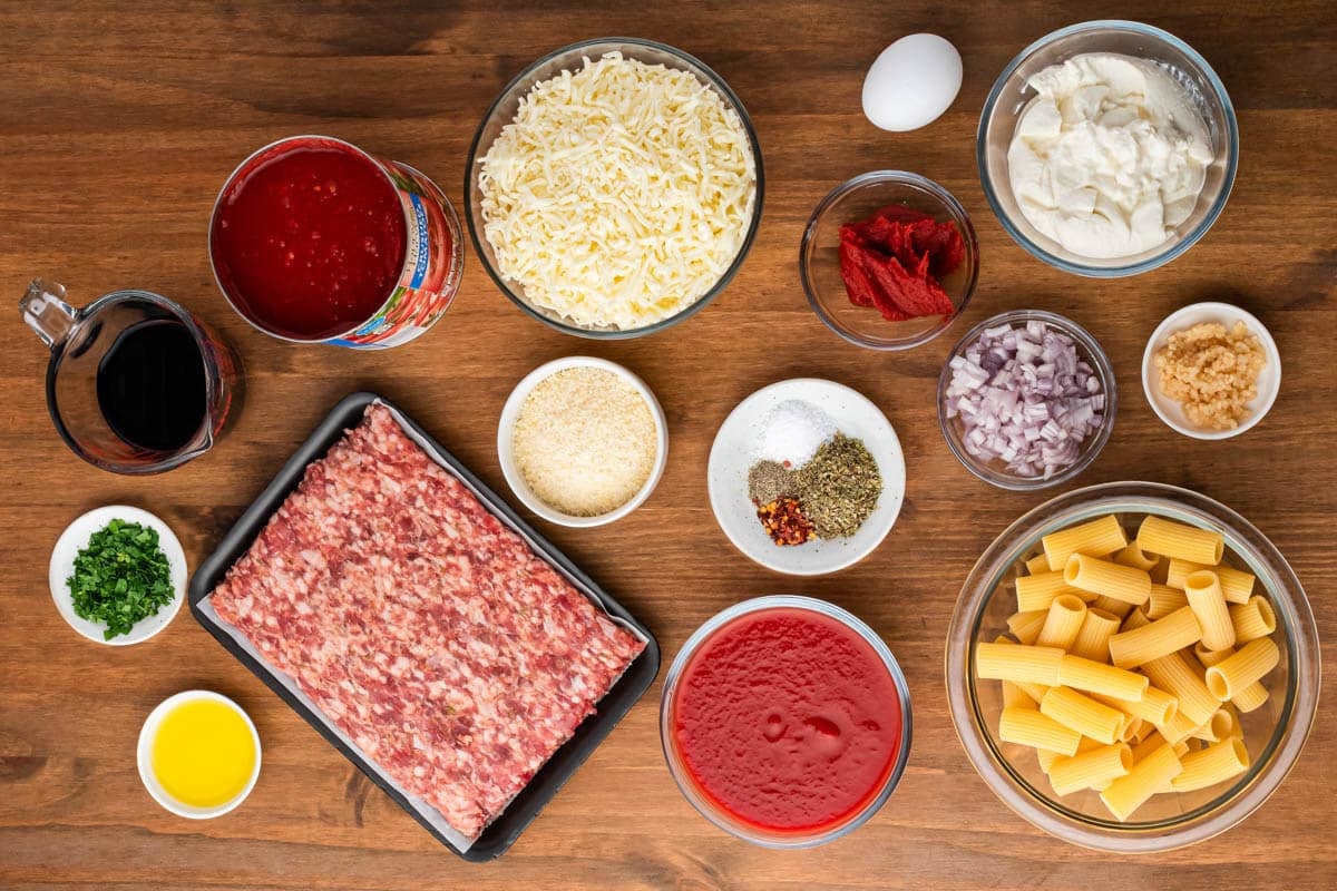 ingredients for baked rigatoni on a table