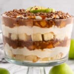 closeup of a caramel apple trifle in a glass dish