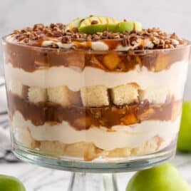 closeup of a caramel apple trifle in a glass dish