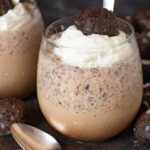 a closeup of a glass of mocha iced coffee