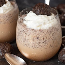 a closeup of a glass of mocha iced coffee