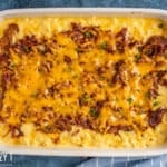 overhead view of pulled pork mac and cheese in a white dish