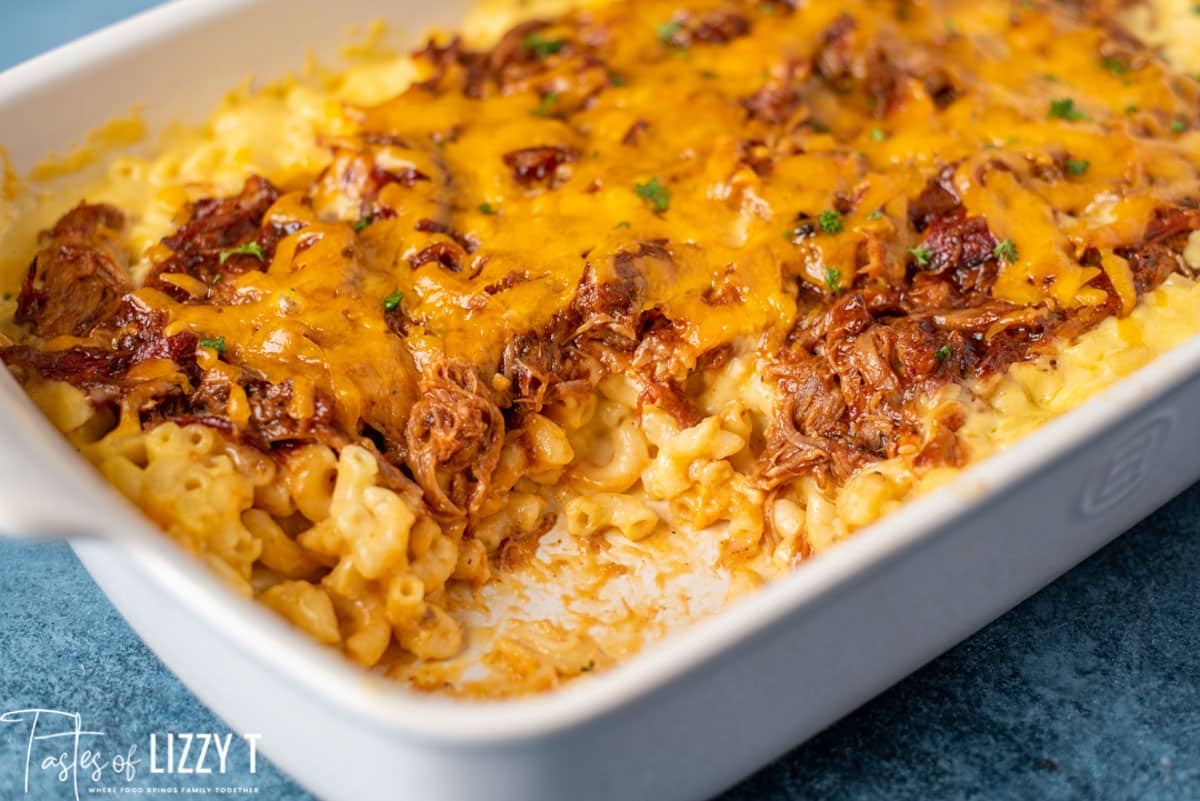 pulled pork mac and cheese in a casserole dish