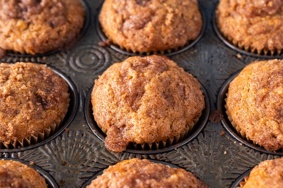 closeup of banana pumpkin muffins in a pan