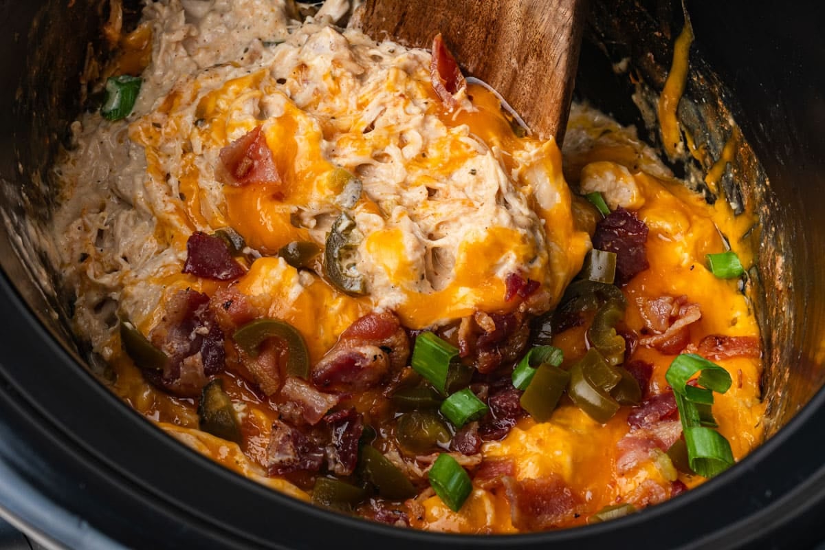closeup of slow cooker crack chicken with a spoon
