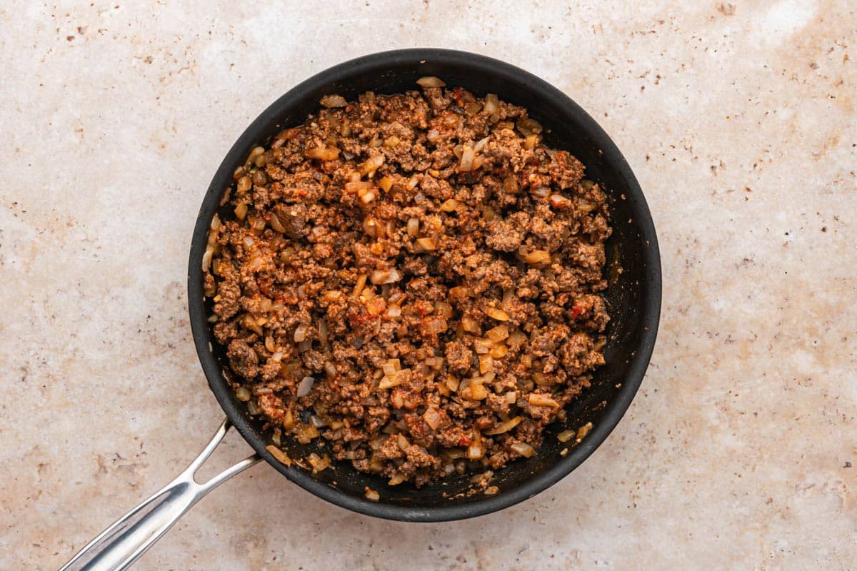 seasoned ground beef in a skillet