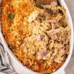 overhead view of chicken cordon blue casserole