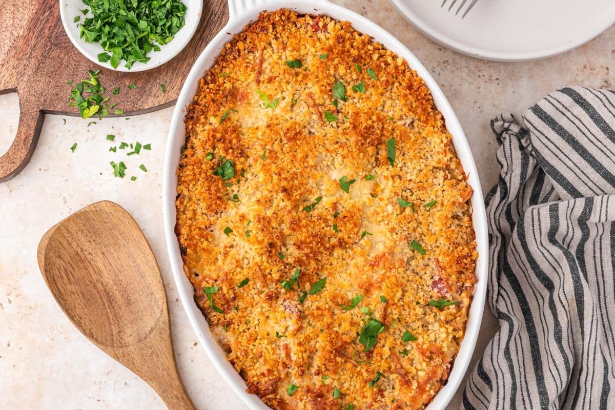 baked chicken cordon bleu casserole on a table