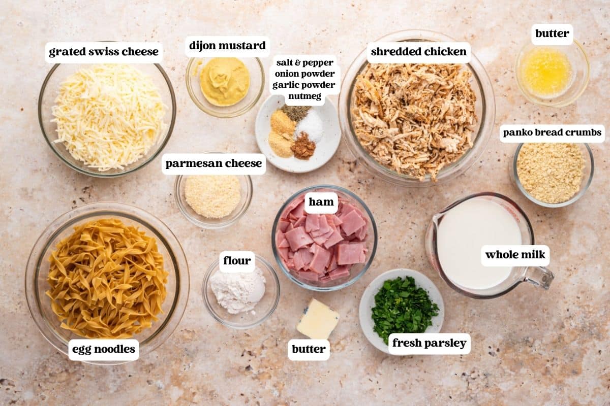 ingredients for chicken cordon bleu casserole on table