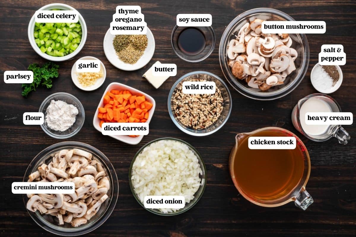 ingredients for creamy wild rice mushroom soup