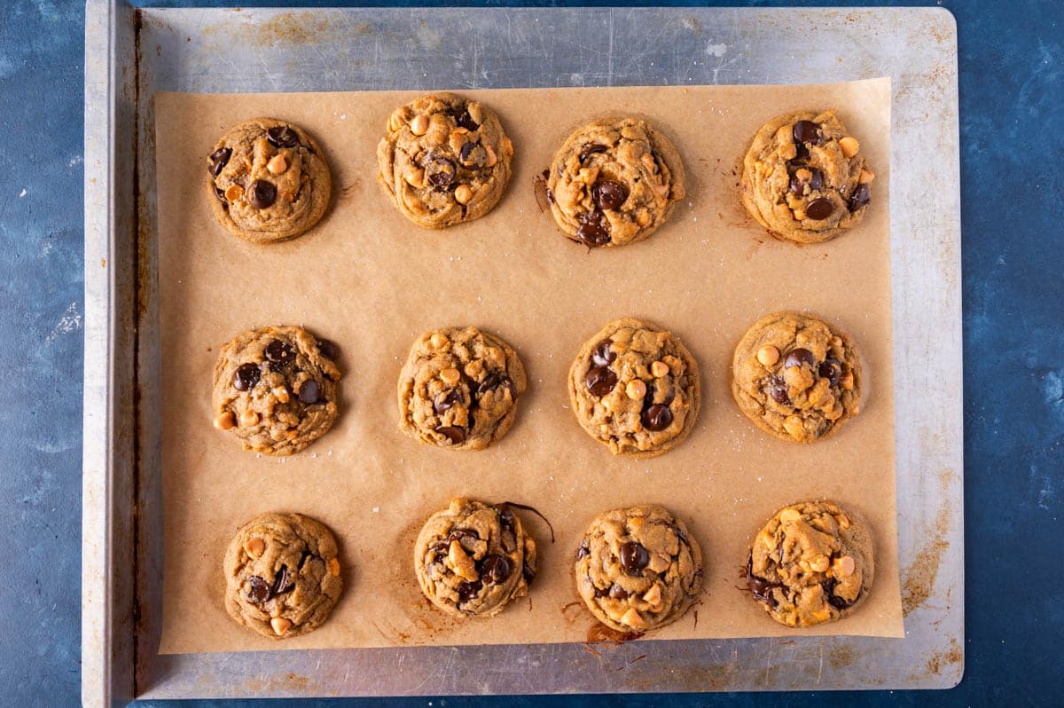 chocolate chip cookies on a baking sheet