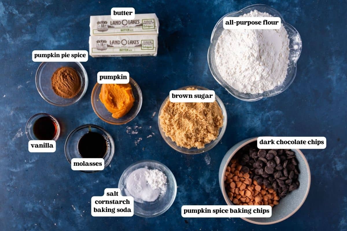 ingredients for pumpkin chocolate chip cookies on a table