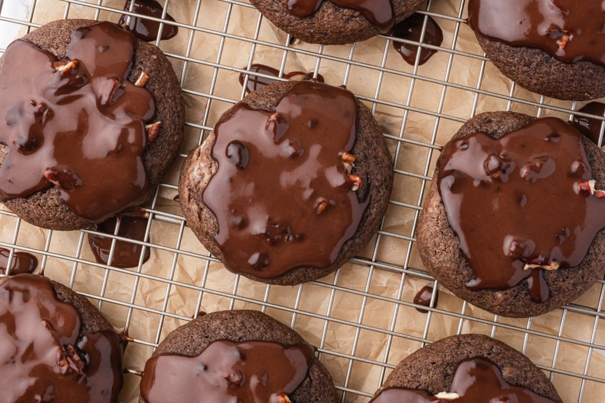 texas sheet cake cookies on a cooling rack