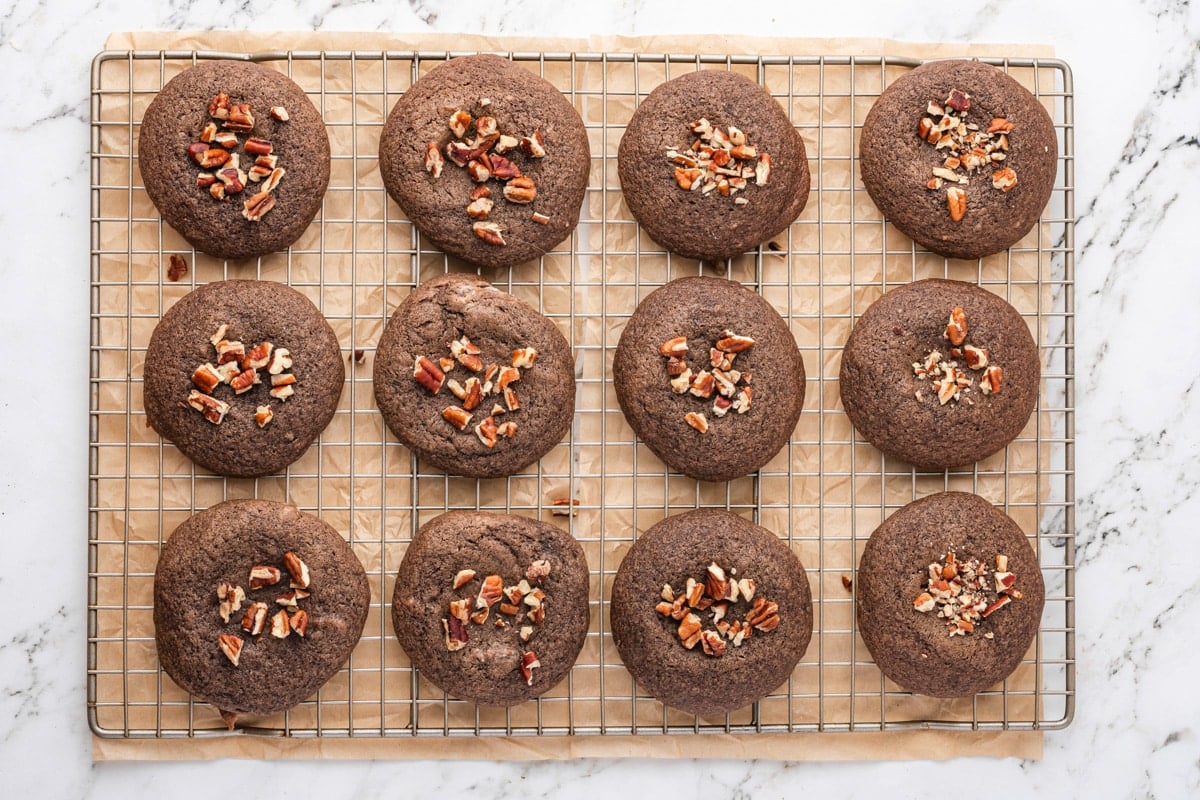baked texas sheet cake cookies with pecans on top