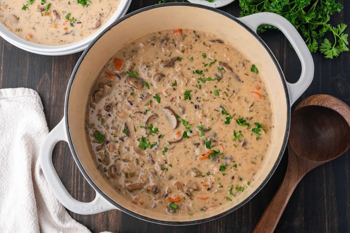 wild rice mushroom soup in a dutch oven