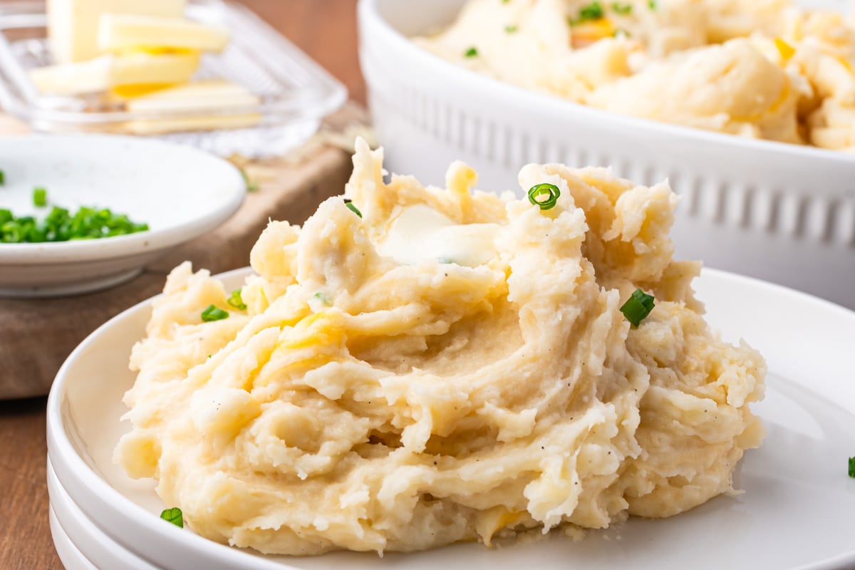 a plate of cheesy mashed potatoes