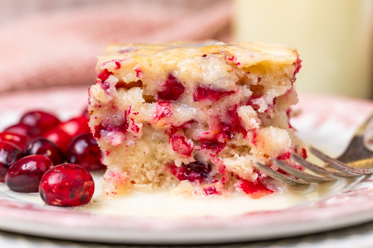 a piece of cranberry cake on a plate with a fork