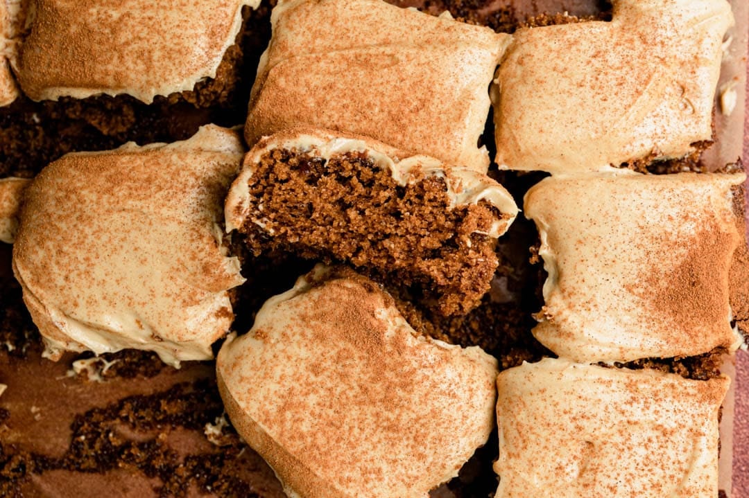 pieces of gingerbread cake with molasses frosting
