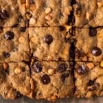 overhead view of pumpkin oatmeal chocolate chip cookie bars