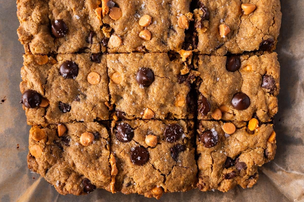 overhead view of pumpkin oatmeal chocolate chip cookie bars