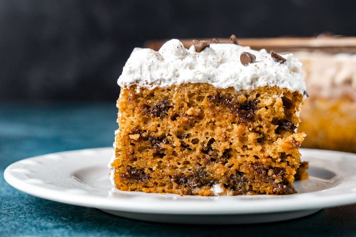 a piece of pumpkin poke cake with chocolate chips on a plate