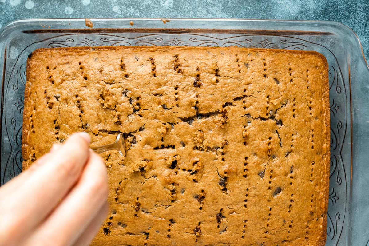 fork poking into a baked cake