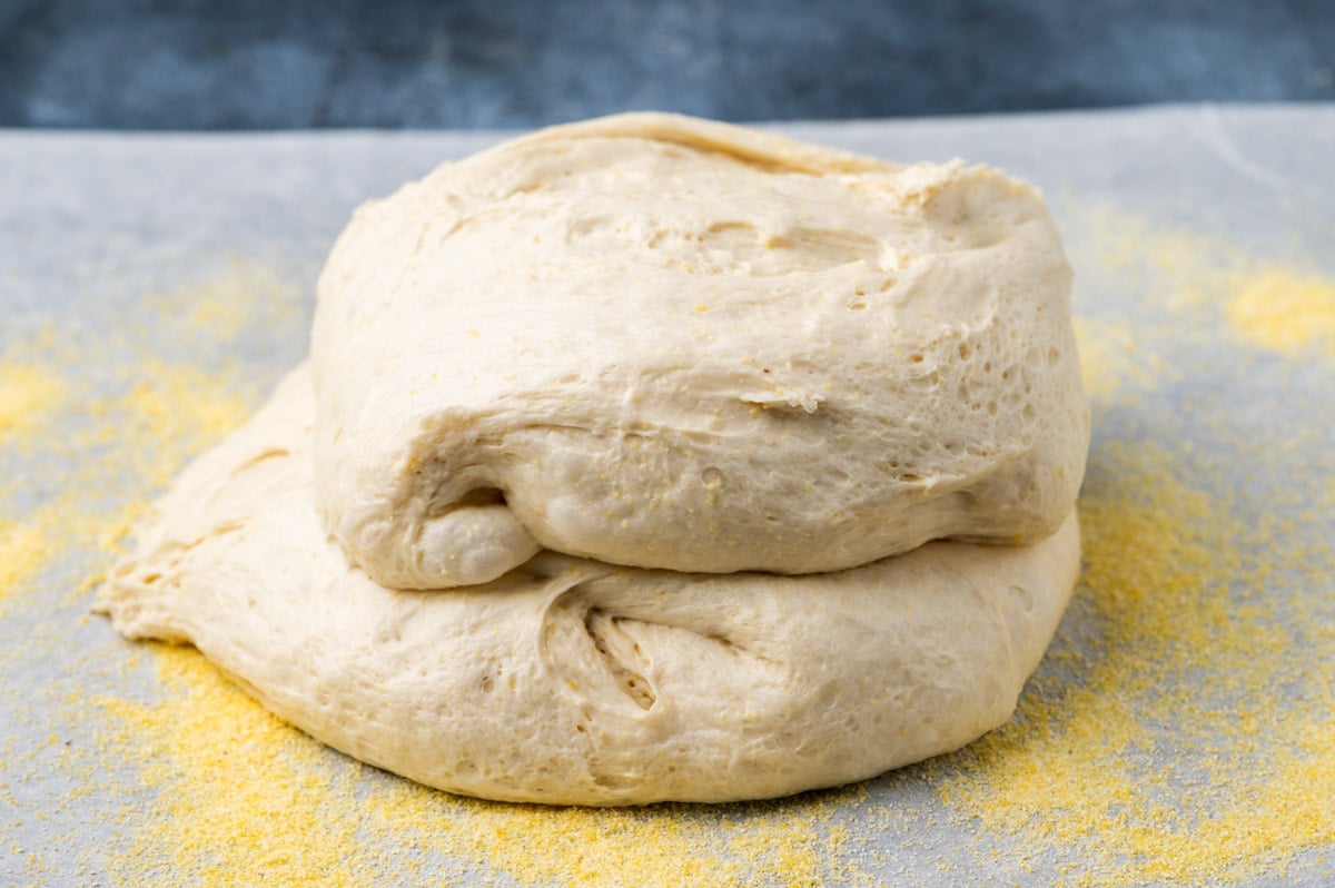 sourdough discard pizza dough on a table