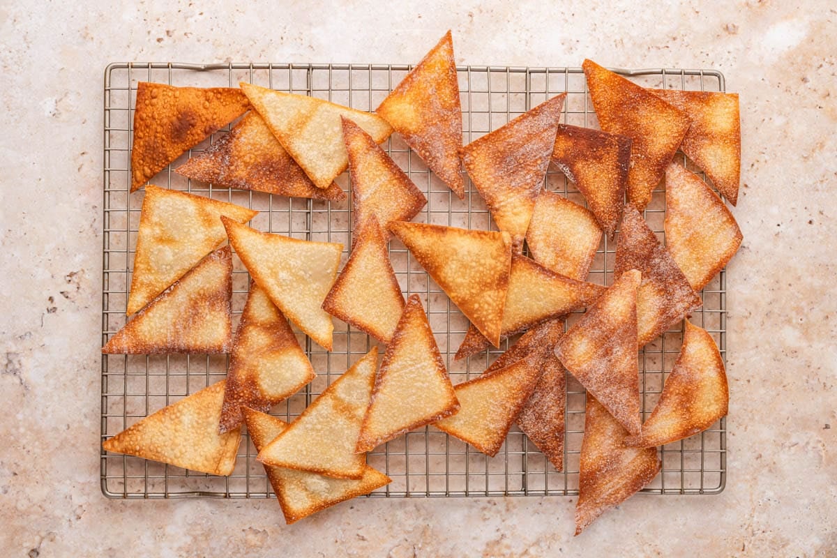 wonton chips on a cooling rack