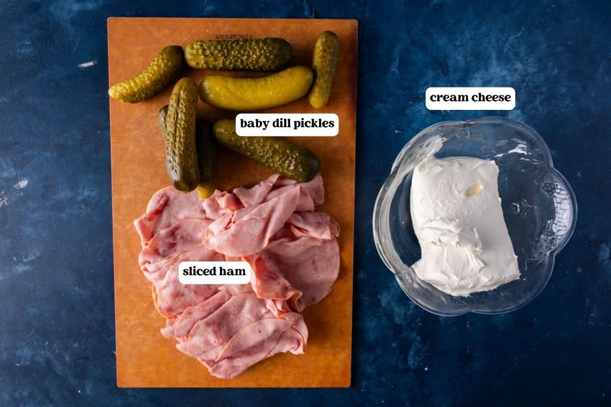 ham dill pickle rollups ingredients on a table