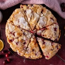 orange cranberry cake cut in 8 slices on a table