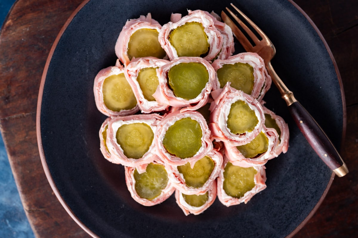 a plate full of pickle pinwheels