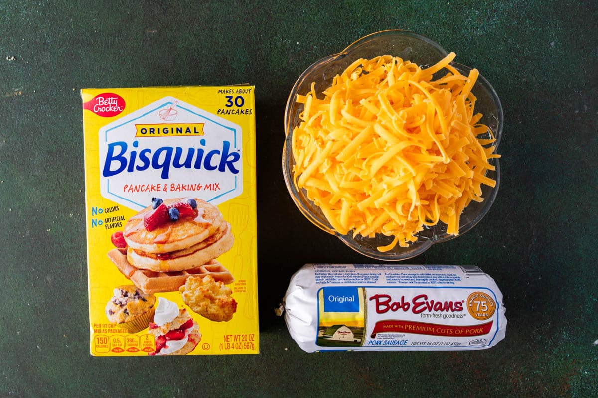 bisquick, cheese and sausage on a table