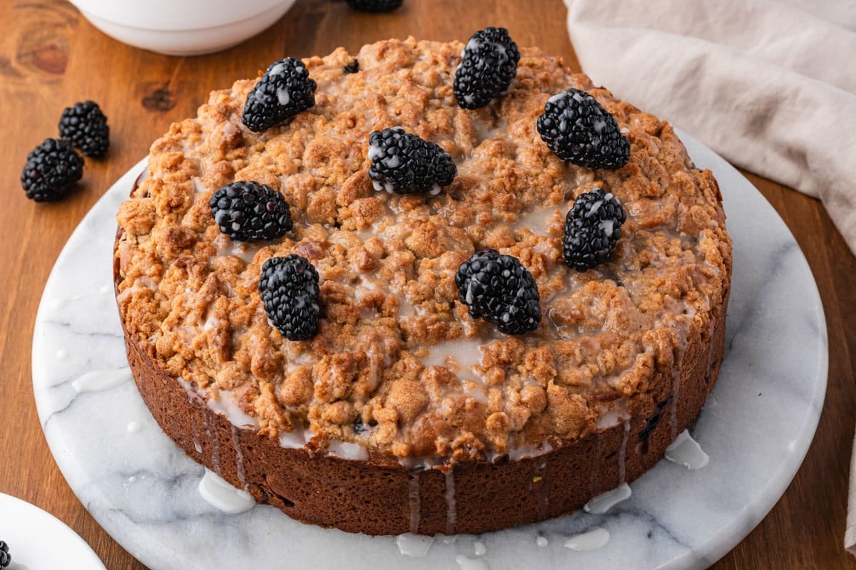 baked blackberry coffee cake on a table